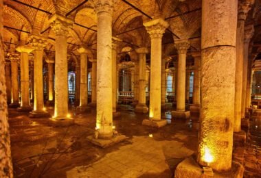 Interior of the Basilica Cistern Yerebatan Sarnıcı Istanbul with illuminated Byzantine columns and water reflections
