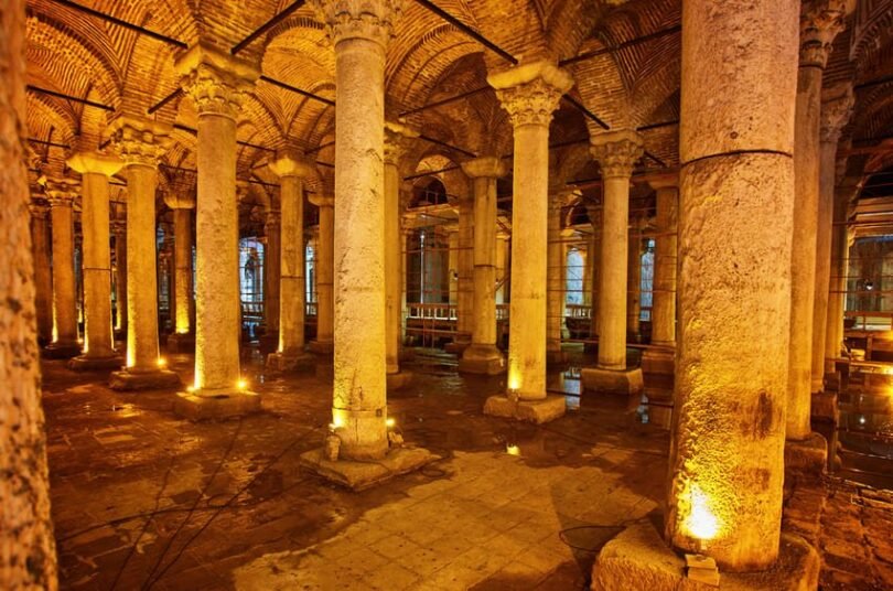 Interior of the Basilica Cistern Yerebatan Sarnıcı Istanbul with illuminated Byzantine columns and water reflections