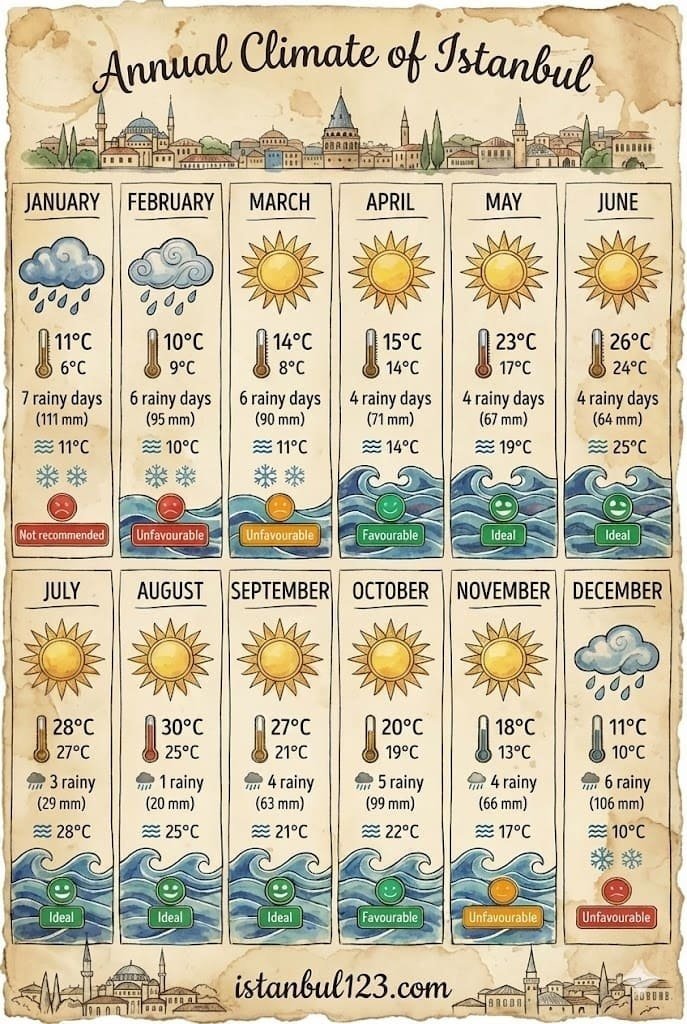 Roczny klimat Stambułu. Miesięczne statystyki pogodowe, w tym temperatury, opady deszczu.