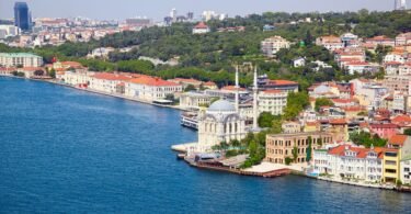 Aerial view of the famous Ortaköy Mosque (Büyük Mecidiye Camii) located on the Bosphorus, surrounded by charming hotels and the greenery of the neighborhood.