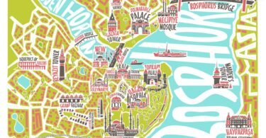 Istanbul map with main monuments and Bosphorus