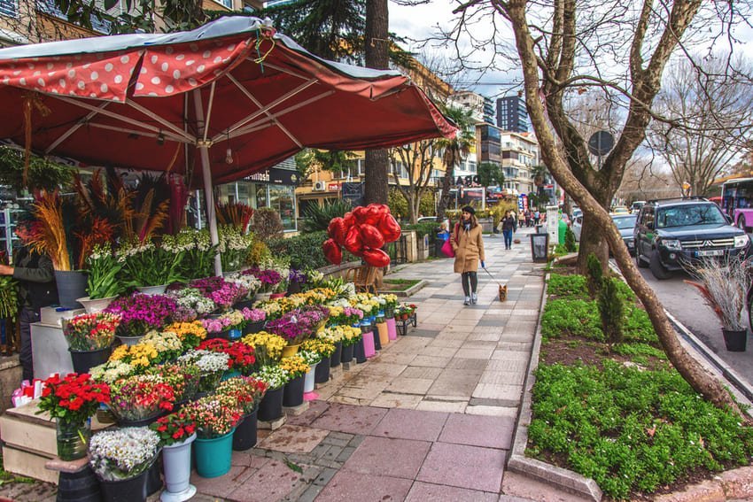Fleuriste sur le trottoir, exposition colorée de bouquets de fleurs sous un auvent rouge. Passants et voitures dans une ambiance printanière urbaine.