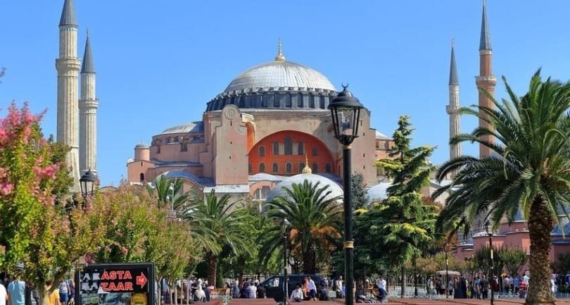 Hagia Sophia Istanbul blue sky palm trees Sultanahmet summer