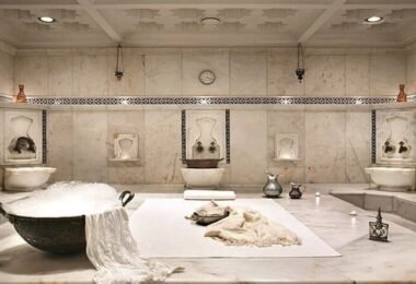 Traditional Turkish hammam interior white marble soap foam
